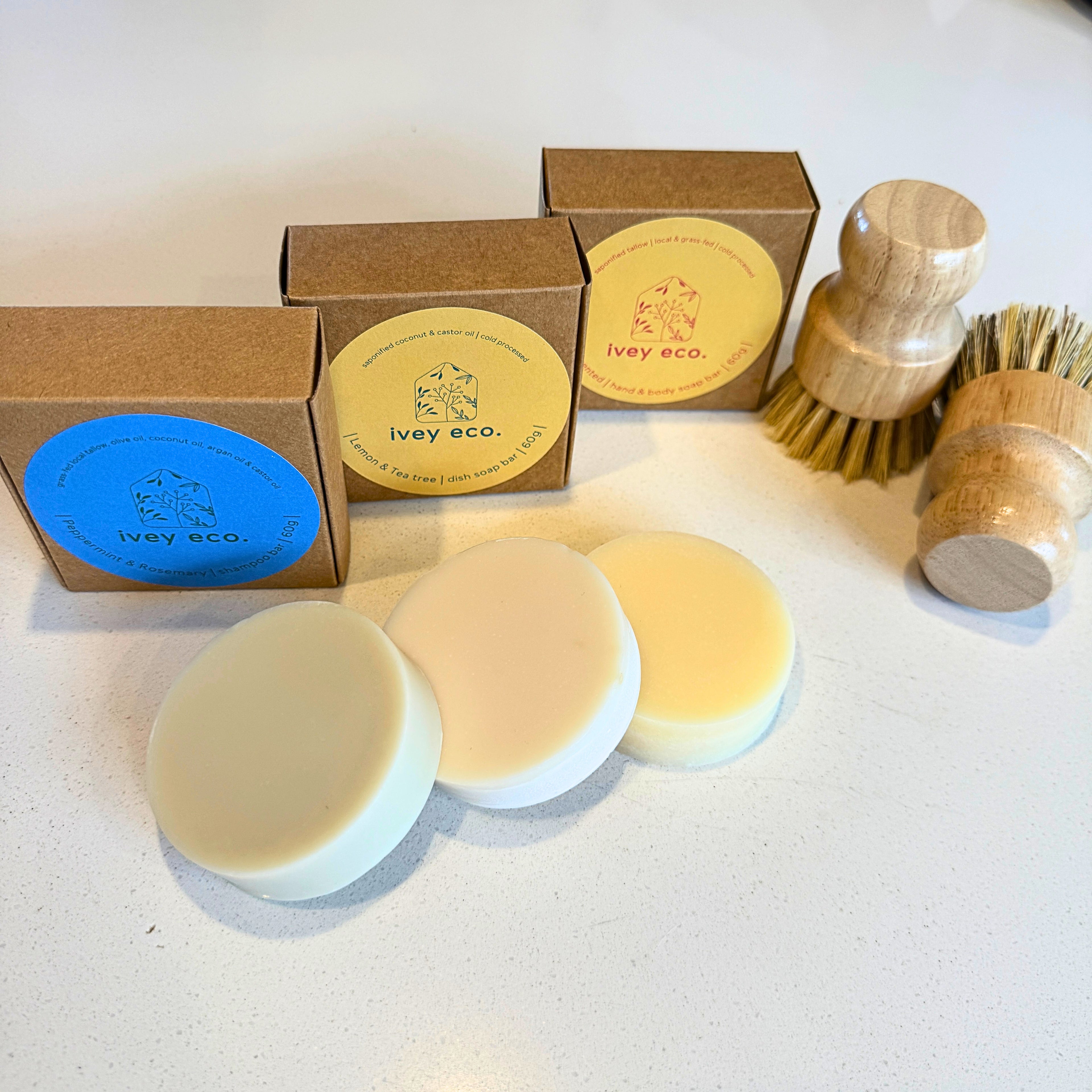 The Ivey Eco Foundations Kit | Dish soap & brush | Shampoo Bar | Tallow soap